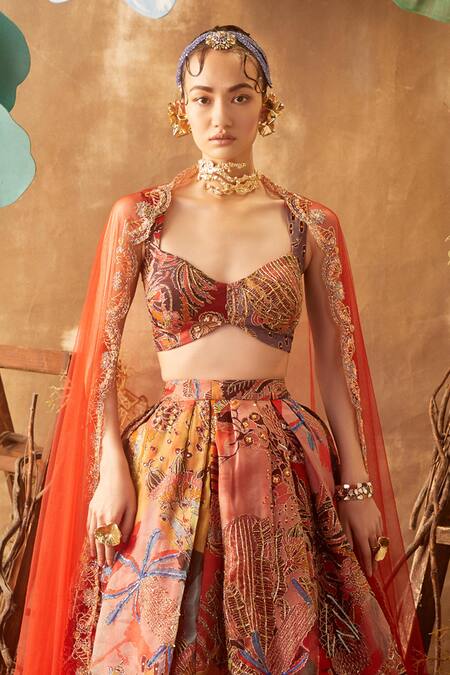 Buy Aisha Rao Red Organza, Tulle V Neck Embellished Bridal Lehenga Set Online at Aza Fashions Buy_Aisha Rao_Red Organza, Tulle V Neck Embellished Bridal Lehenga Set _Online_at_Aza_Fashions