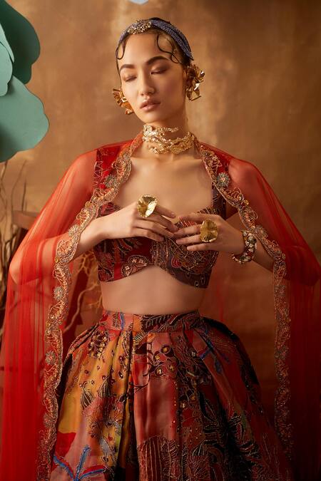 Shop Aisha Rao Red Organza, Tulle V Neck Embellished Bridal Lehenga Set Online at Aza Fashions Shop_Aisha Rao_Red Organza, Tulle V Neck Embellished Bridal Lehenga Set _Online_at_Aza_Fashions