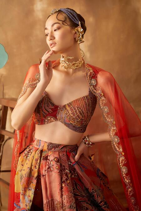 Aisha Rao Red Organza, Tulle V Neck Embellished Bridal Lehenga Set at Aza Fashions Aisha Rao_Red Organza, Tulle V Neck Embellished Bridal Lehenga Set _at_Aza_Fashions