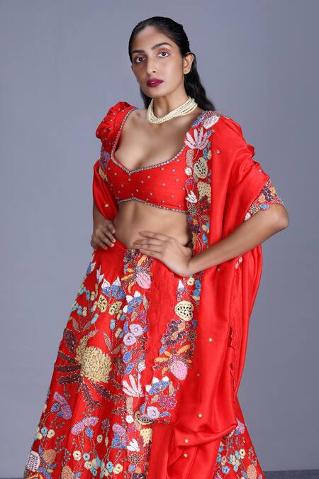 Shop Aisha Rao Red Embellished Lehenga Set at Aza Fashions Shop_Aisha Rao_Red Embellished Lehenga Set_at_Aza_Fashions