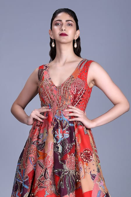 Shop_Aisha Rao_Red Organza Embellished Gown _at_Aza_Fashions