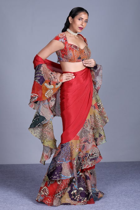 Shop_Aisha Rao_Red Embellished Ruffle Saree With Blouse _at_Aza_Fashions