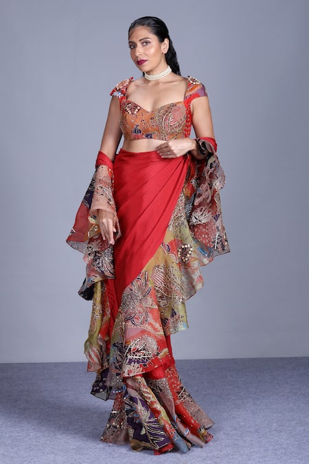 Aisha Rao Red Embellished Ruffle Saree With Blouse  