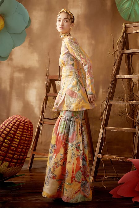 Shop_Aisha Rao_Yellow Satin Organza U Neck Embellished Kurta And Sharara Set _at_Aza_Fashions