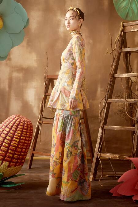 Aisha Rao_Yellow Satin Organza U Neck Embellished Kurta And Sharara Set _Online_at_Aza_Fashions