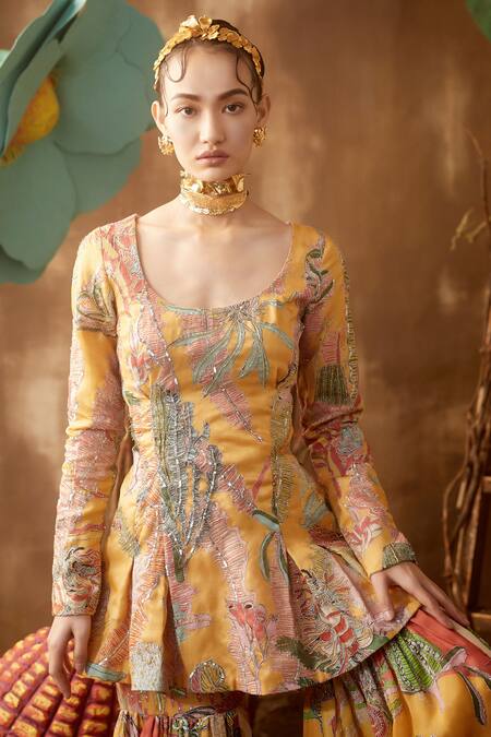 Buy_Aisha Rao_Yellow Satin Organza U Neck Embellished Kurta And Sharara Set _Online_at_Aza_Fashions
