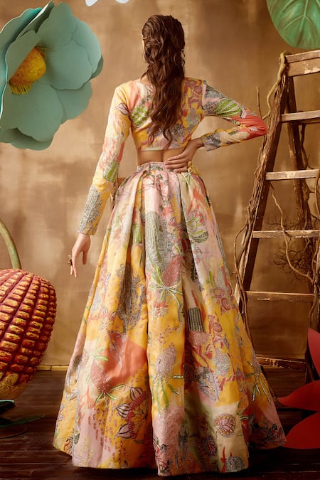 Shop_Aisha Rao_Yellow Organza, Net V Neck Embellished Bridal Lehenga Set _at_Aza_Fashions