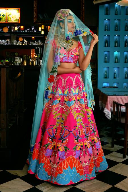 Aisha Rao Pink Hand Embellished Raw Silk Lehenga Set