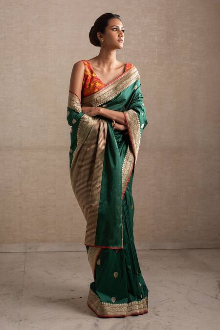 Buy_Priyanka Raajiv_Green Silk Brocade Banarasi Thread Saree_Online_at_Aza_Fashions