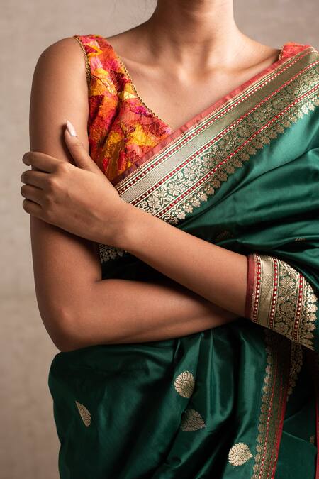 Shop_Priyanka Raajiv_Green Silk Brocade Banarasi Thread Saree_Online_at_Aza_Fashions