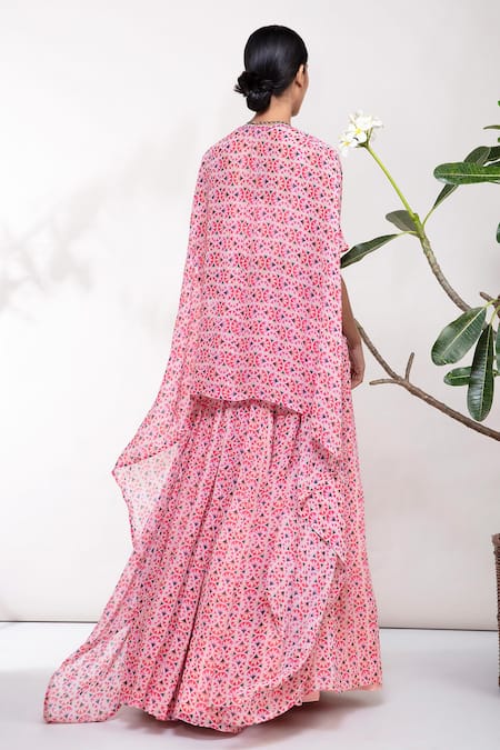 Shop_Aneesh Agarwaal_Pink Georgette Straight Floral Print Cape Lehenga Set _at_Aza_Fashions