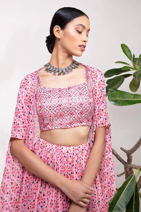 Aneesh Agarwaal_Pink Georgette Straight Floral Print Cape Lehenga Set _Online_at_Aza_Fashions