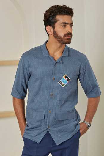 Artless_Blue Cotton Linen Thread Shirt _Online_at_Aza_Fashions