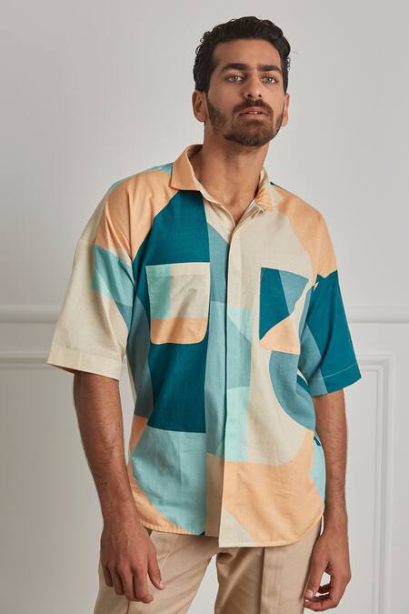 Artless_Multi Color Cotton Linen Merging Binaries Shirt_Online_at_Aza_Fashions