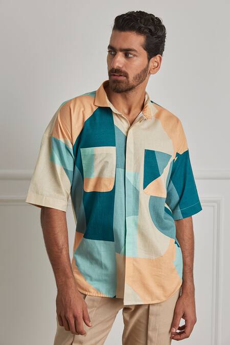 Buy_Artless_Multi Color Cotton Linen Merging Binaries Shirt_Online_at_Aza_Fashions