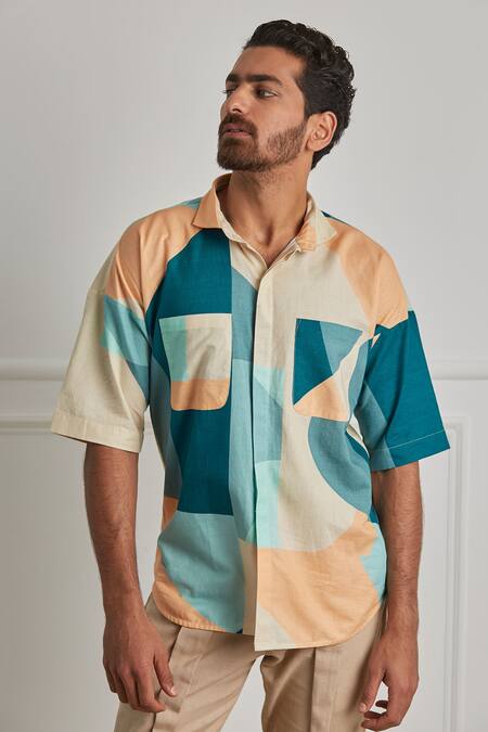 Shop_Artless_Multi Color Cotton Linen Merging Binaries Shirt_Online_at_Aza_Fashions
