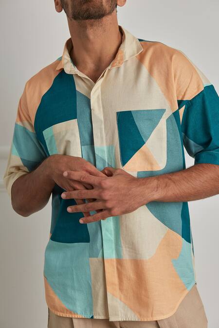 Artless_Multi Color Cotton Linen Merging Binaries Shirt_at_Aza_Fashions