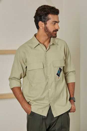 Artless_Green Cotton Linen Thread Olive Tree Shirt _Online_at_Aza_Fashions