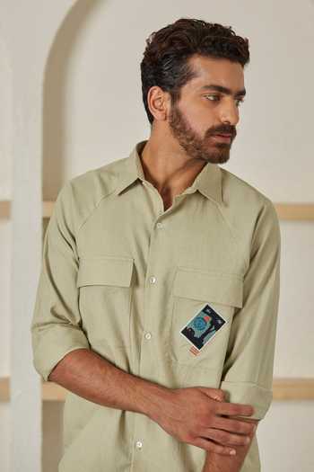Buy_Artless_Green Cotton Linen Thread Olive Tree Shirt _Online_at_Aza_Fashions