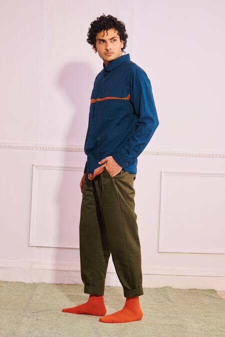 Artless_Blue Cotton Linen Embroidered Colorblock Shirt_Online_at_Aza_Fashions