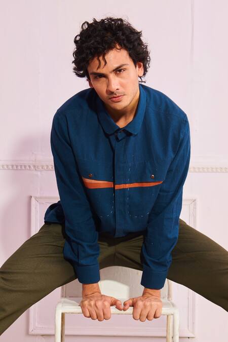 Buy_Artless_Blue Cotton Linen Embroidered Colorblock Shirt_Online_at_Aza_Fashions