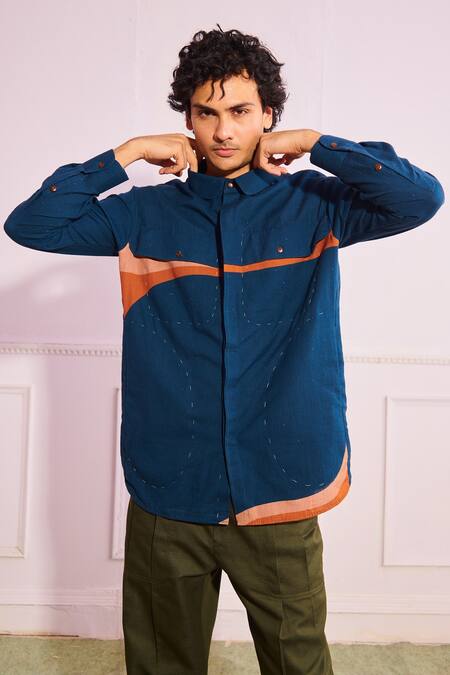 Shop_Artless_Blue Cotton Linen Embroidered Colorblock Shirt_Online_at_Aza_Fashions