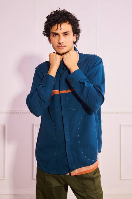Artless_Blue Cotton Linen Embroidered Colorblock Shirt_at_Aza_Fashions