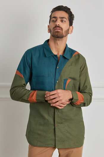 Buy_Artless_Green Cotton Linen Crossover Shirt _Online_at_Aza_Fashions
