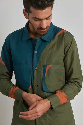 Artless_Green Cotton Linen Crossover Shirt _at_Aza_Fashions