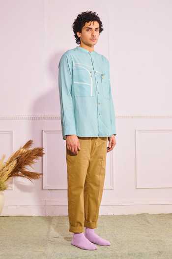 Artless_Blue Cotton Linen Geometric Half A Basket Shirt _Online_at_Aza_Fashions