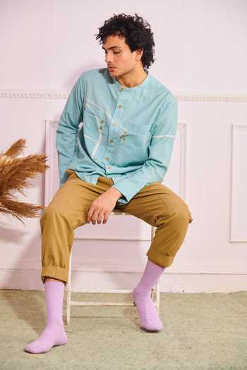 Buy_Artless_Blue Cotton Linen Geometric Half A Basket Shirt _Online_at_Aza_Fashions