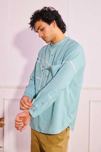 Shop_Artless_Blue Cotton Linen Geometric Half A Basket Shirt _Online_at_Aza_Fashions