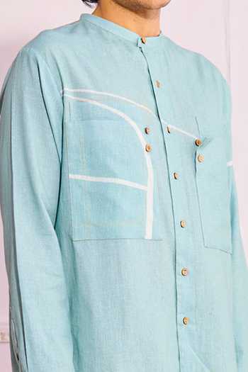 Artless_Blue Cotton Linen Geometric Half A Basket Shirt _at_Aza_Fashions