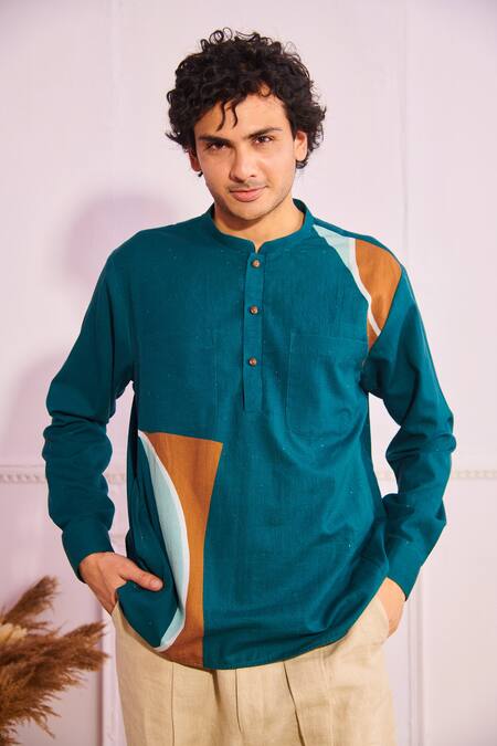 Artless_Multi Color Cotton Linen Patched Baller Kurta_Online_at_Aza_Fashions
