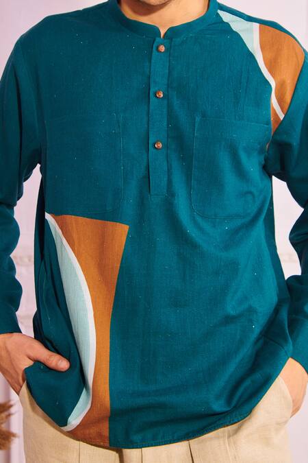 Shop_Artless_Multi Color Cotton Linen Patched Baller Kurta_Online_at_Aza_Fashions