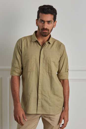 Shop_Artless_Beige Cotton Linen Perimeter Shirt _Online_at_Aza_Fashions