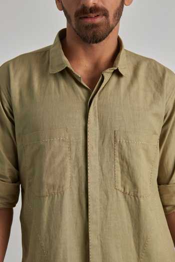 Artless_Beige Cotton Linen Perimeter Shirt _at_Aza_Fashions