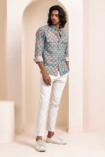 Artless_Blue Cotton Linen Checkered Printed Shirt_Online_at_Aza_Fashions