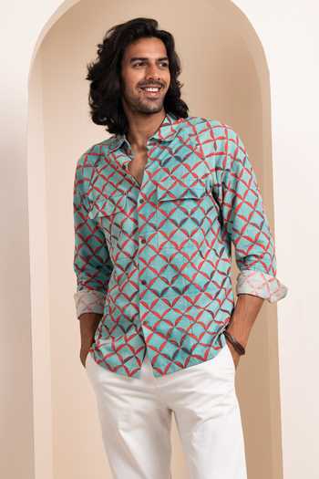 Shop_Artless_Blue Cotton Linen Checkered Printed Shirt_Online_at_Aza_Fashions
