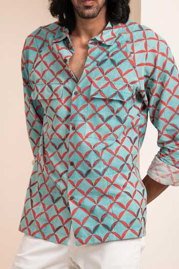 Artless_Blue Cotton Linen Checkered Printed Shirt_at_Aza_Fashions