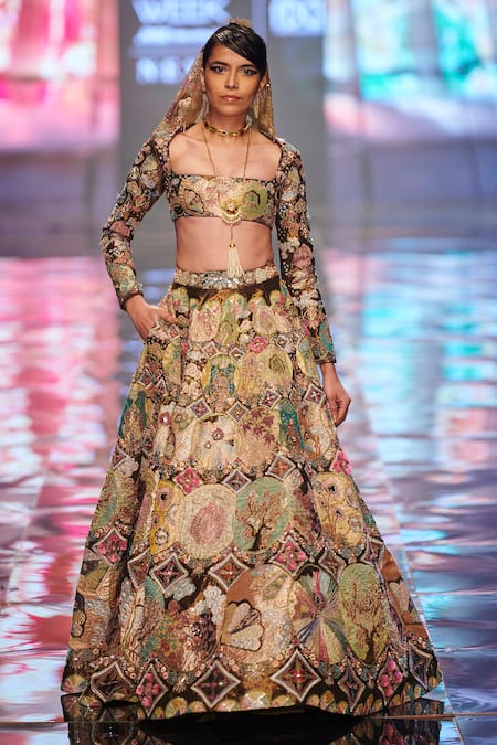 Shop_Aisha Rao_Gold Tissue Cutdana And Thread, Sequin, Trencadis Print Square Bridal Lehenga Set _at_Aza_Fashions