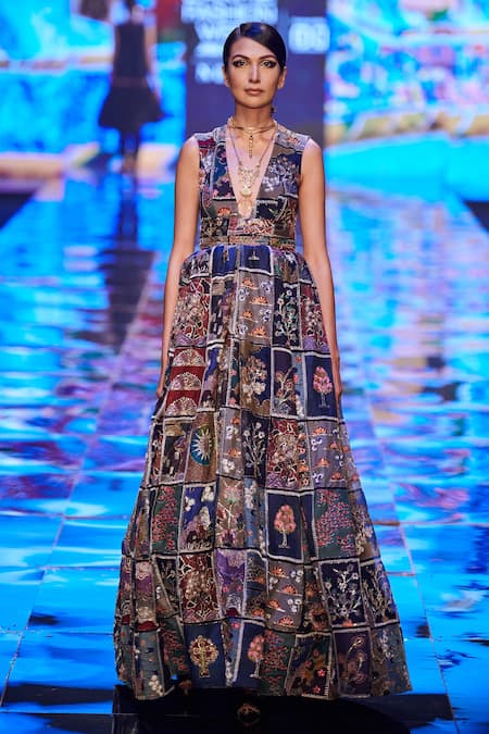 Shop_Aisha Rao_Blue Organza Cutdana And Thread, Sequin, Trencadis Print Blunt V Neck Gown _Online_at_Aza_Fashions