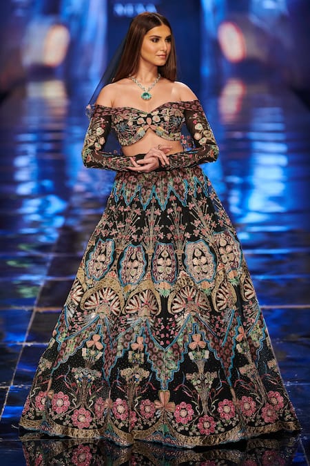 Shop_Aisha Rao_Blue Tulle Sequin And Beads, Thread, Trencadis Applique Floral Motifs Lehenga Set _at_Aza_Fashions