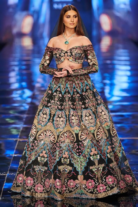 Aisha Rao_Blue Tulle Sequin And Beads, Thread, Trencadis Applique Floral Motifs Lehenga Set _Online_at_Aza_Fashions