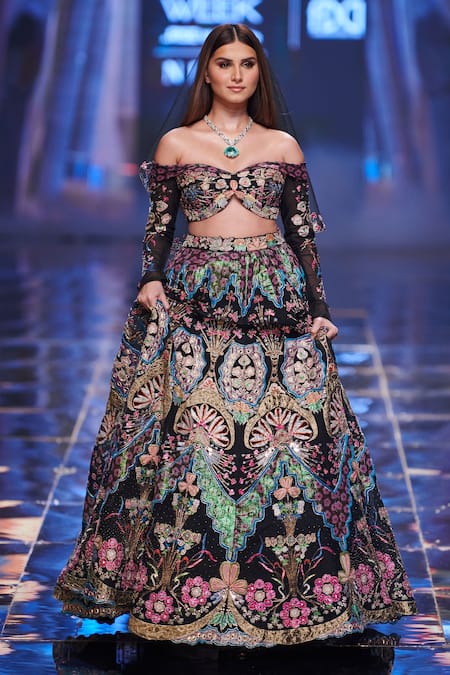 Buy_Aisha Rao_Blue Tulle Sequin And Beads, Thread, Trencadis Applique Floral Motifs Lehenga Set _Online_at_Aza_Fashions