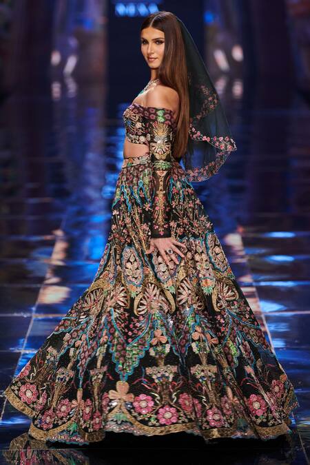 Shop_Aisha Rao_Blue Tulle Sequin And Beads, Thread, Trencadis Applique Floral Motifs Lehenga Set _Online_at_Aza_Fashions