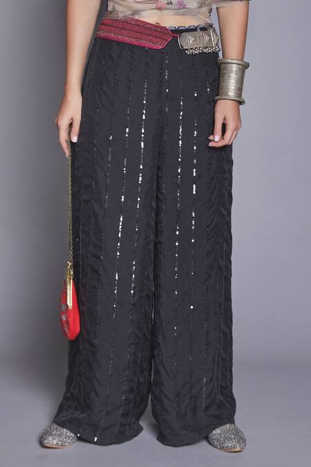 Jade By Monica & Karishma_Black Organza Wrap Top And Pant Set  _Online_at_Aza_Fashions