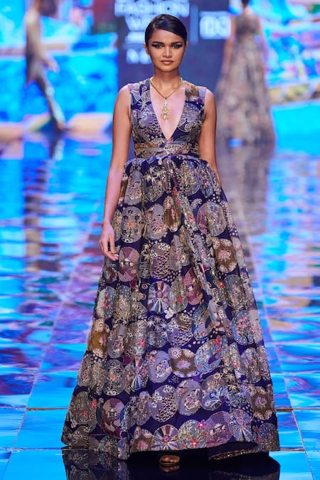 Buy Aisha Rao Blue Organza Sequin And Beads, Trencadis Farm Print V Neck Gown Online at Aza Fashions Buy_Aisha Rao_Blue Organza Sequin And Beads, Trencadis Farm Print V Neck Gown _Online_at_Aza_Fashions