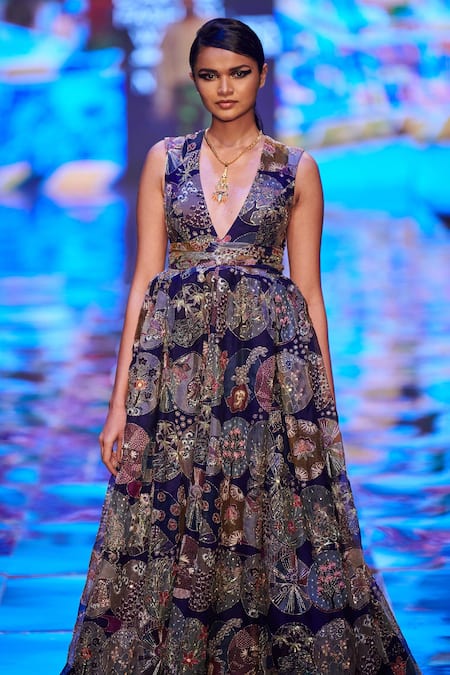 Shop Aisha Rao Blue Organza Sequin And Beads, Trencadis Farm Print V Neck Gown Online at Aza Fashions Shop_Aisha Rao_Blue Organza Sequin And Beads, Trencadis Farm Print V Neck Gown _Online_at_Aza_Fashions