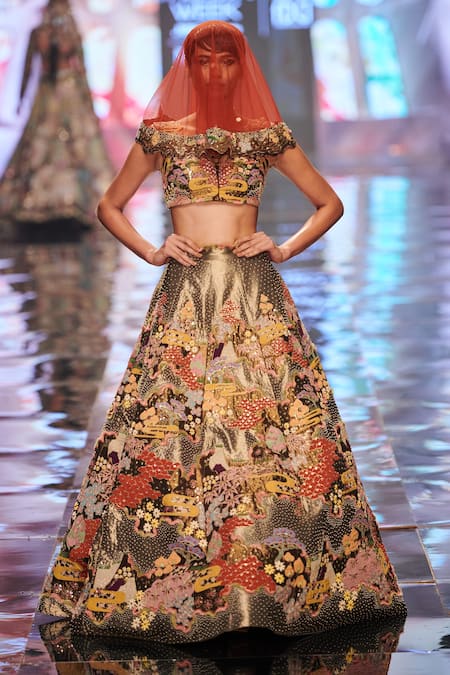 Aisha Rao_Gold Tissue Sequin And Thread, Trencadis Print Floral Motifs Bridal Lehenga Set _Online_at_Aza_Fashions
